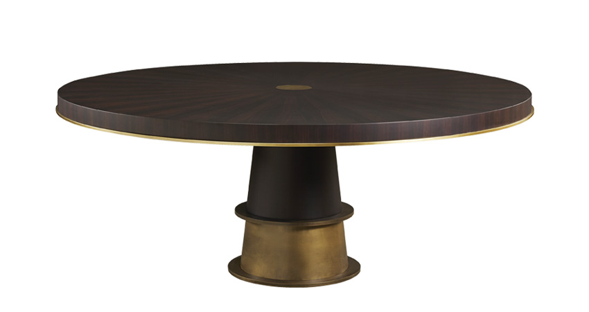 Tornasole is a dining table available in different sizes and can be made of wood, marble or onyx with bronze decorations and details, from Promemoria's catalogue | Promemoria