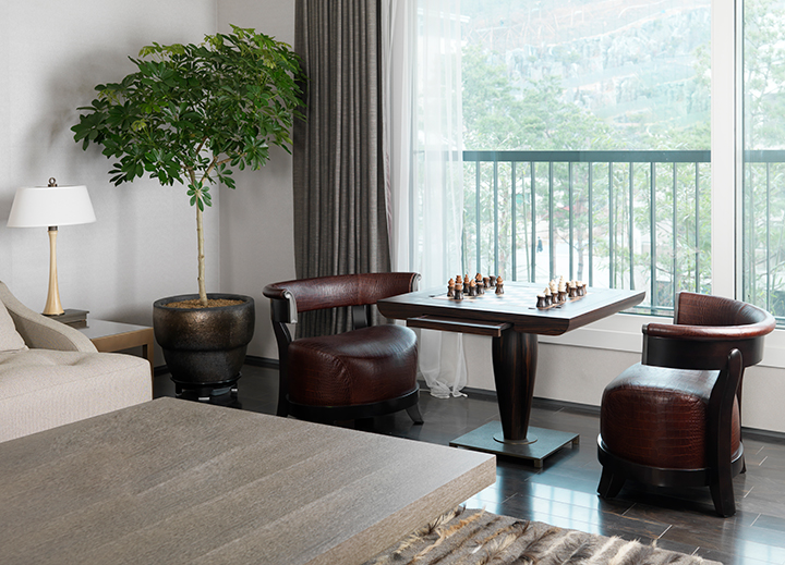 Bassano da gioco is a wooden gaming table with bronze base equipped for several board games, from Promemoria's catalogue | Promemoria