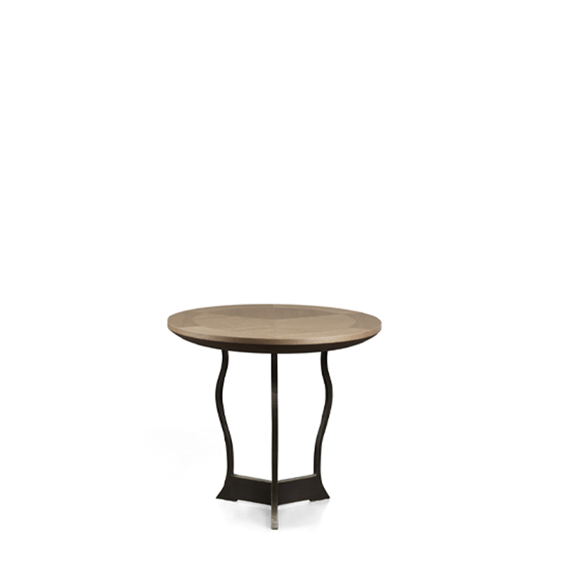 Erasmo is a circular bronze small table with wooden or leather top, from Promemoria's catalogue | Promemoria