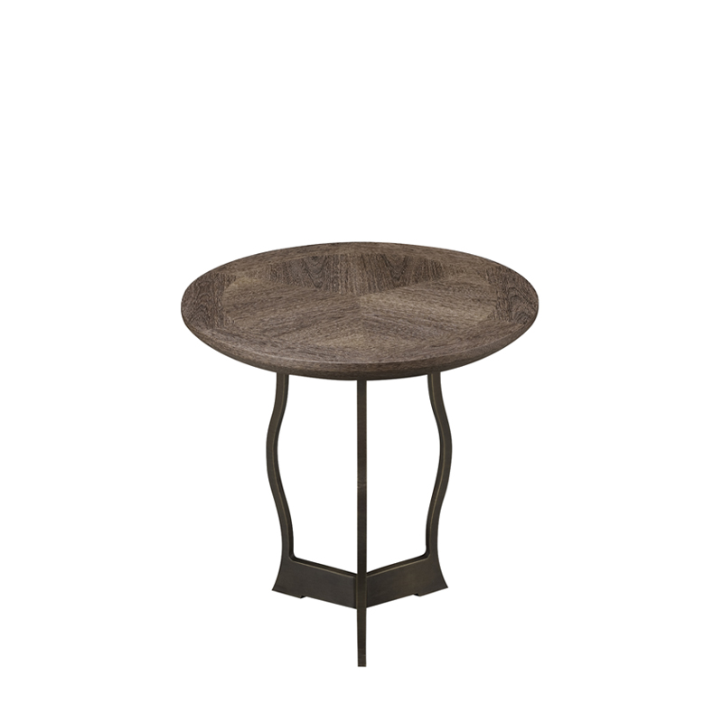 Erasmo is a circular bronze small table with wooden or leather top, from Promemoria's catalogue | Promemoria