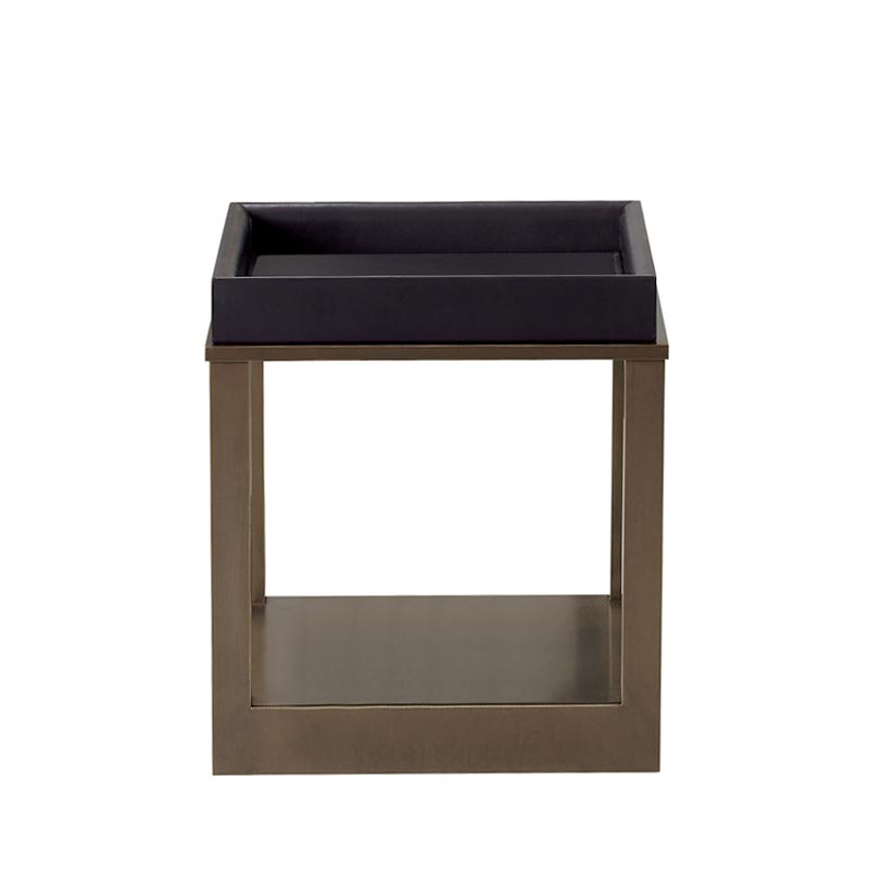 Scarlett is a bronze small table with wheels and a removable leather tray, from Promemoria's catalogue | Promemoria