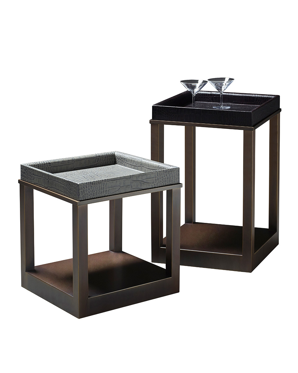 Scarlett is a bronze small table with wheels and a removable leather tray, from Promemoria's catalogue | Promemoria