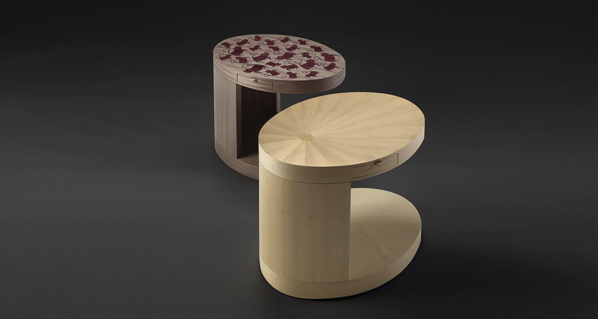 Silvestro is a wooden small table with wheels and drawers from Promemoria's Indigo Tales collection | Promemoria
