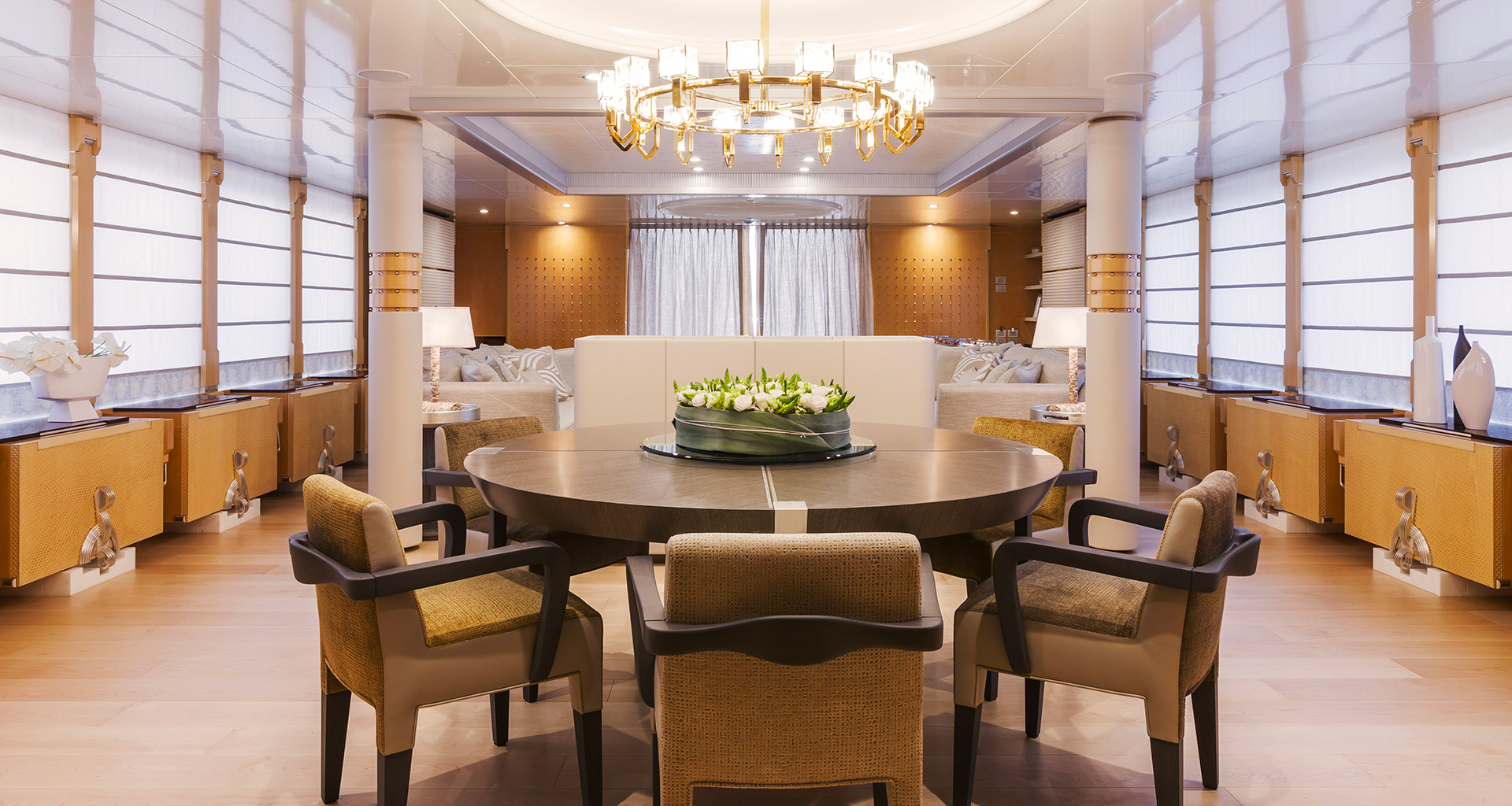 Dining room of a Yacht designed by FM Architettura and furnished with Promemoria | Promemoria